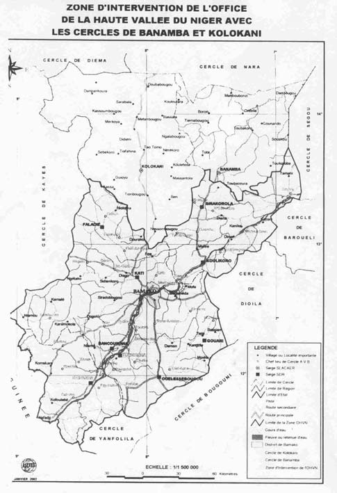 La zone d intervention de l OHVN Fleuve Niger Routes Nationales Secteurs de développement Cercle de Kolokani Faladie Kati BAMAKO Cercle de Banamba Sirakorola Koulikoro Bancoumana Gouani Dangassa