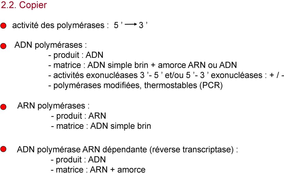 polymérases modifiées, thermostables (PCR) ARN polymérases : - produit : ARN - matrice : ADN simple