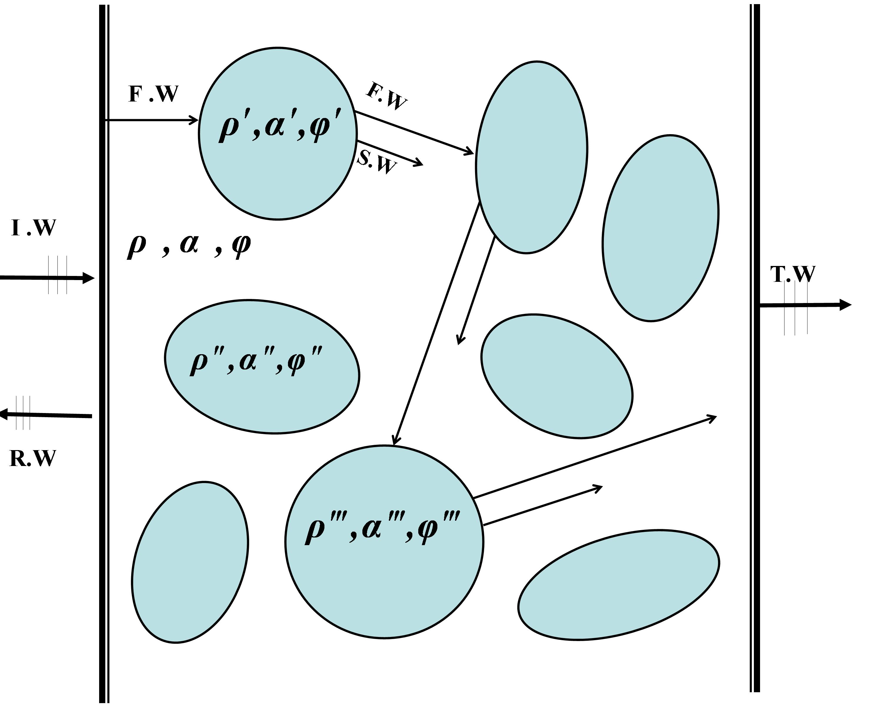 Fig. 4.9 Schéma du trajet d une onde dans un milieu aléatoire : aux interfaces entre inhomogénéités et milieu hôte, les ondes rapides (FW) et lentes (SW) sont converties et diffusées.