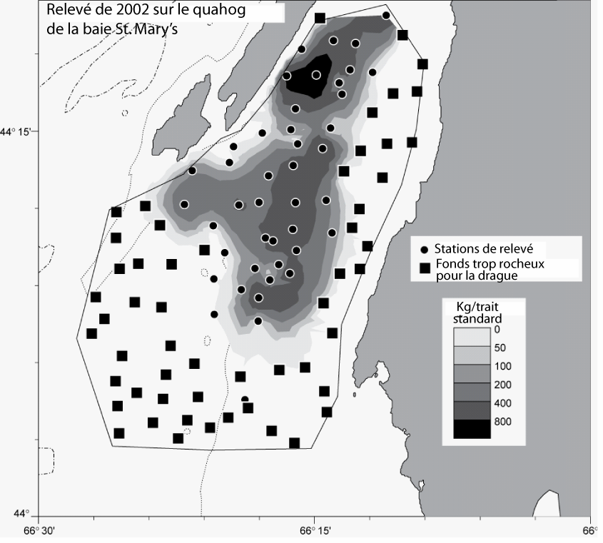 Figure 10. Carte de répartition des prises par trait standard dans le relevé de 2002 sur le quahog nordique de la baie St. Mary s.