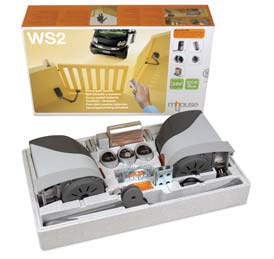 Le Kit WS2 contient : 1 WS1C Opérateur électromécanique avec logique pour la commande de deux moteurs et récepteur 433,92 MHz à code tournant intégrés.