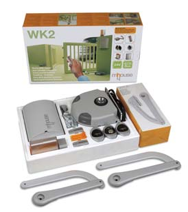 Le Kit WK2 contient : 2 WK1 Opérateurs électromécaniques. Trois clés de débrayage Mhouse et plaque de fixation incluses. 2 WKA Bras courbes anticisaillement.