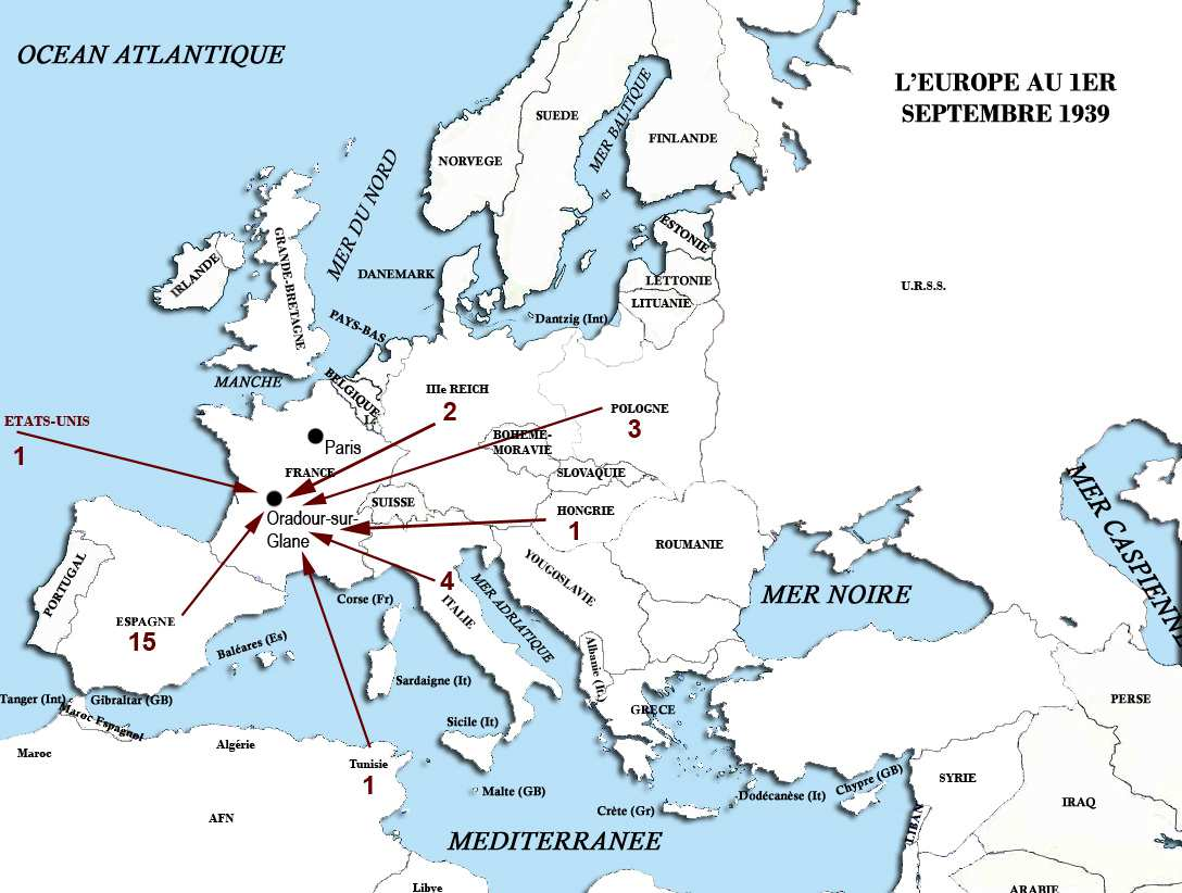 Carte de l Europe en 1939 ; les flèches indiquent la provenance des victimes d origine étrangère.