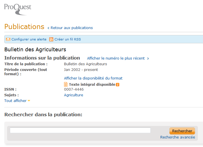 Bulletin des agriculteurs via ProQuest Période couverte: