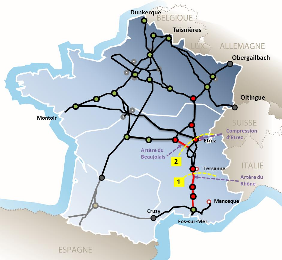 Les points de sorties du réseau GRTgaz situés au Sud-Est sont la sortie Cruzy vers le réseau TIGF et la sortie PIR Jura vers la Suisse.