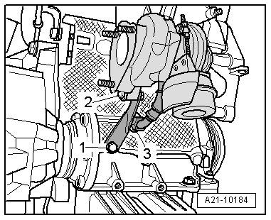 Page 14 sur 25 Desserrer la vis -1- de 3 tours. Déposer l'écrou -2-. Dévisser la conduite d'alimentation en huile -3- du turbocompresseur et la poser sur le côté.