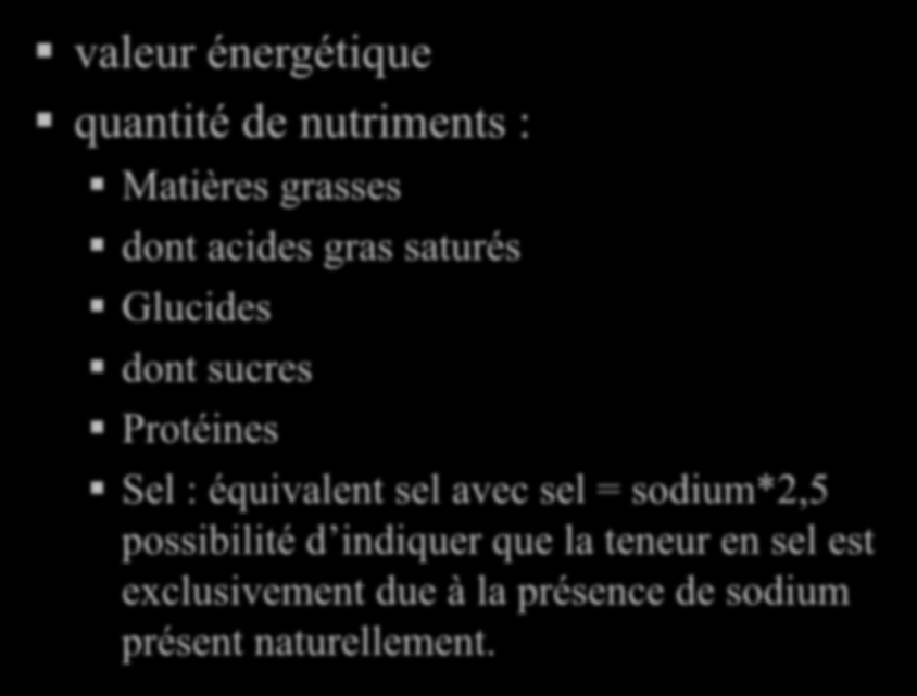 Contenu obligatoire valeur énergétique quantité de nutriments : Matières grasses dont acides gras saturés Glucides dont sucres Protéines Sel :