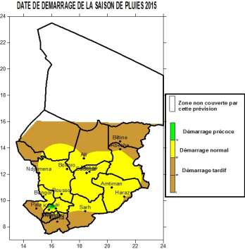 Prévision de dates de démarrage de la saison des pluies 2015 Carte 3 : Pour la saison agricole en 2015, il est prévu (carte 3) un démarrage tardif de la saison des pluies pour les régions