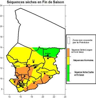 f. Prévision des séquences sèches en fin de saison des pluies 2015 Carte 6 : Pendant la fin de la saison des pluies en 2015, les prévisions (carte 6) indiquent que les séquences sèches seront courtes