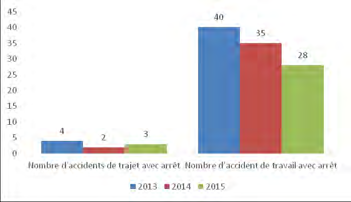 Santé et sécurité au travail Evolution du nombre d accidents de travail et de trajet avec arrêt Taux et montants des cotisations accidents de travail 2013 2014 2015 Siège Social 1,70 1.80 1.