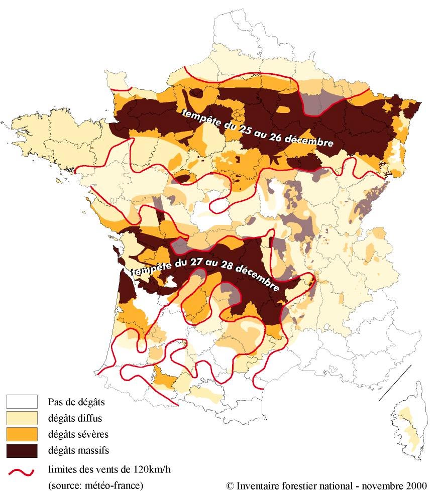 1 Évaluation des dégâts en France 1.1 Estimation nationale Les deux tempêtes successives, Lothar, le 26 décembre 1999 puis Martin, le 27 décembre 1999 ont causé d importants dégâts forestiers.