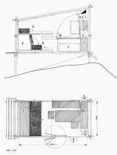 166. Coupe et plan du refuge Bivouac. Dessin Charlotte Perriand, André Tournon, ingénieur, 1936.