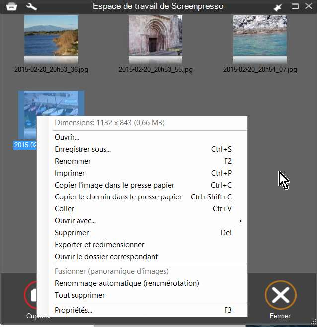Menu ouvert avec clic droit dans l espace de travail Screenpresso après sélection d une capture Ouvrir : éditeur d image Enregistrer sous