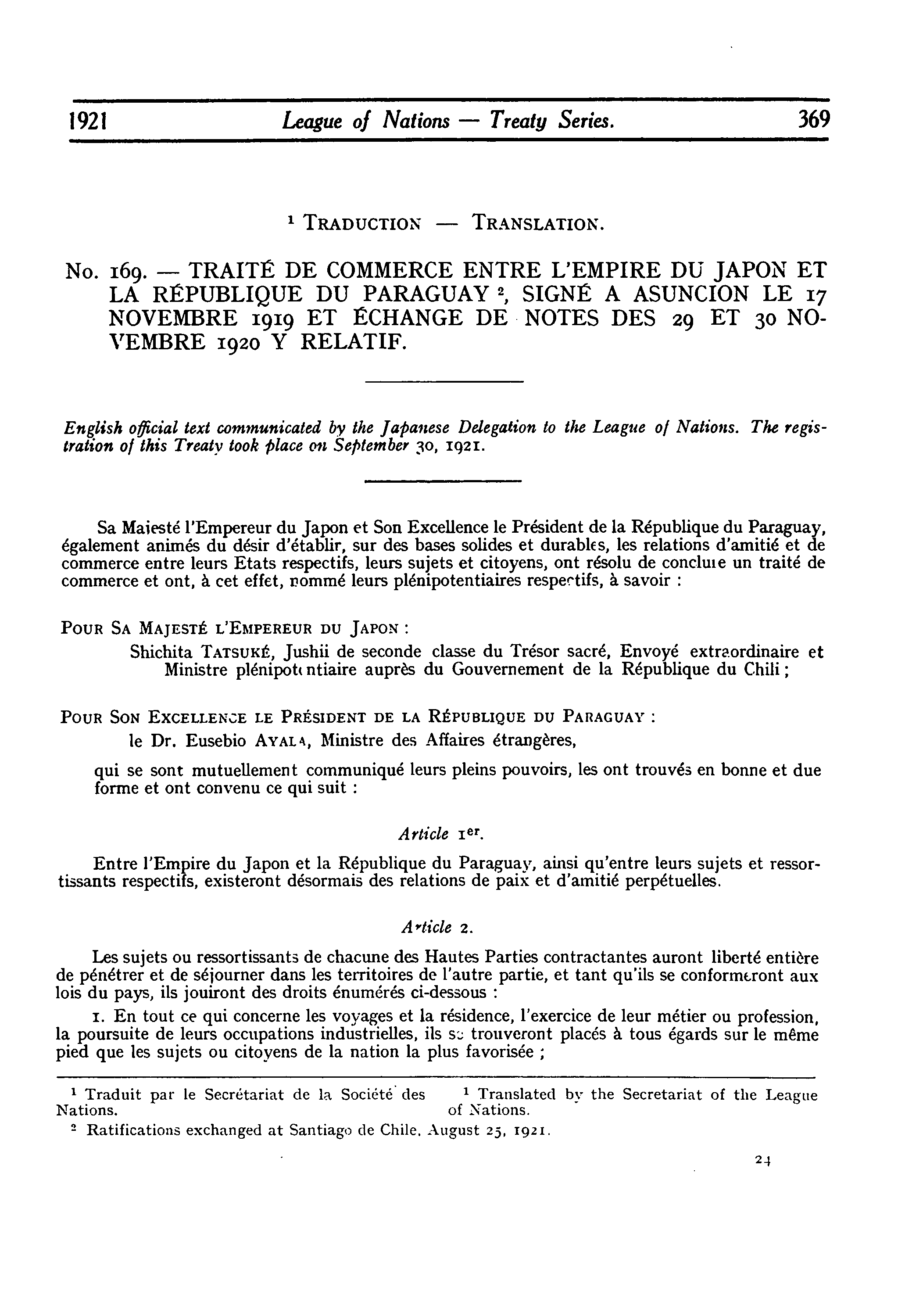 1921 League of Nations - Treaty Series. 369 I TRADUCTION - TRANSLATION. No. 169.