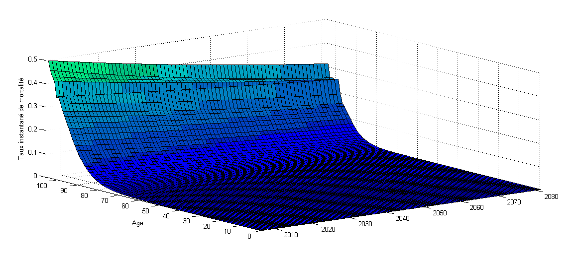 0 : Surface de moralié ajusée par Lee-Carer La surface de référence ajusée de nore modèle sochasique es présenée sur le graphe cidessous : Fig.