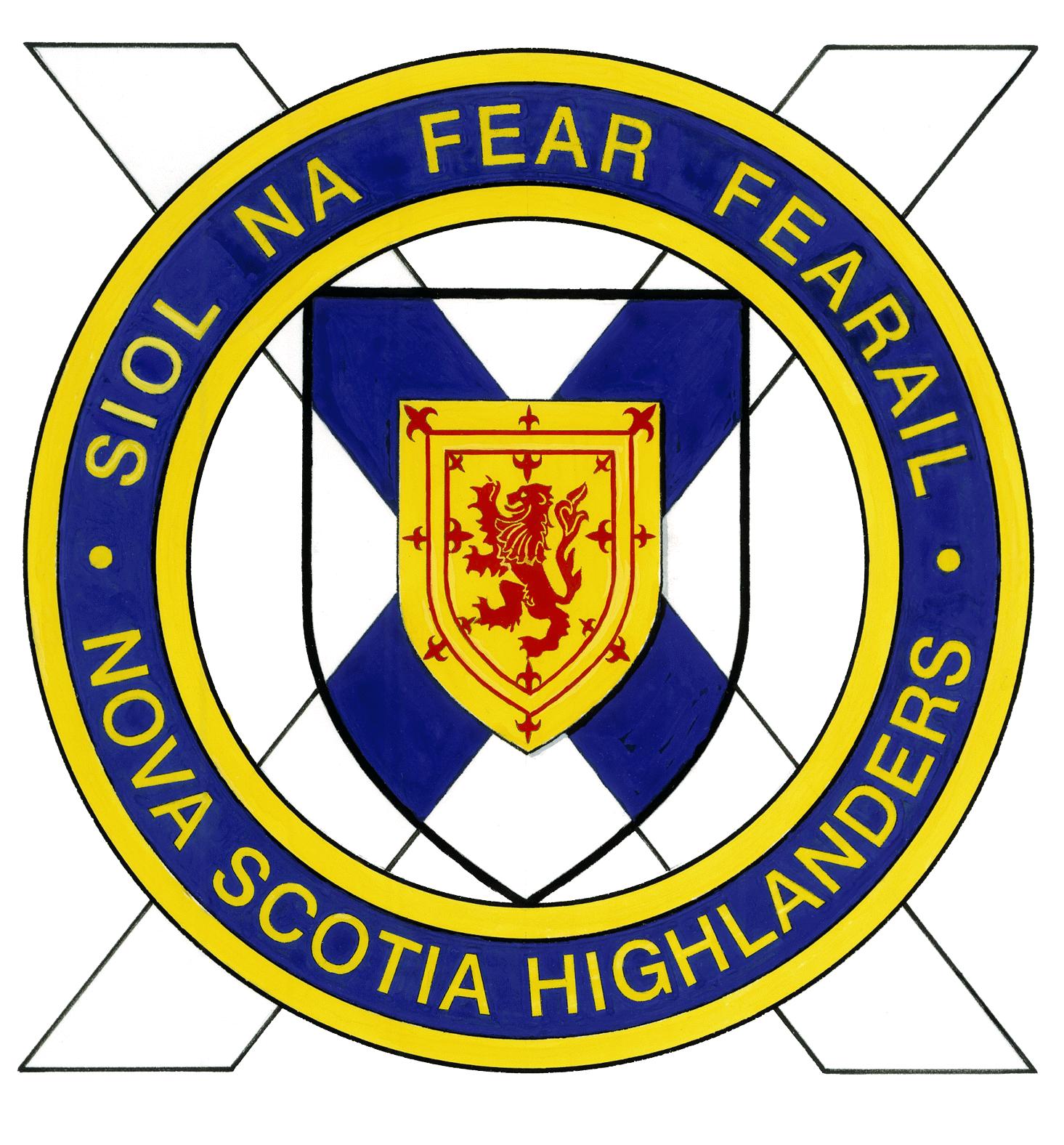 THE NOVA SCOTIA HIGHLANDERS BADGE Description A saltire Argent surmounted by the shield of Arms of the Province of Nova Scotia (Argent on a saltire Azure an escutcheon of the Royal Arms of Scotland)
