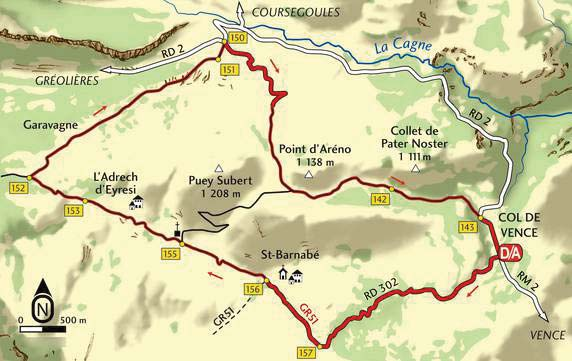 et prendre à gauche la petite route à plat menant à Saint-Barnabé (RD 302). La suivre jusqu au hameau (967 m b.156), le traverser et continuer tout droit sur une piste.