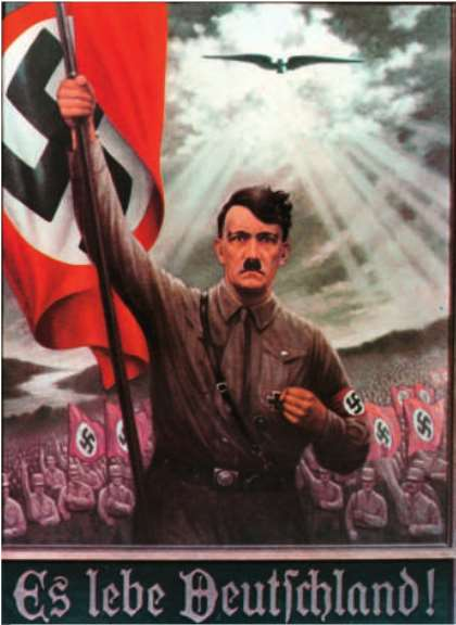 Hitler, paré des symboles nazis (uniforme, brassard à croix gammée) et brandissant un drapeau nazi, guidant vers le combat une foule de soldats nazis en uniforme arborant eux aussi des drapeaux à