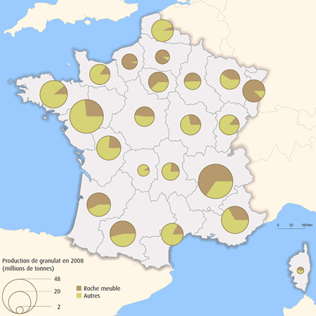 Quantités de granulats produites par région en 2008 Source : SOeS d'après Unicem Disparités territoriales La moitié de la production métropolitaine de granulats est concentrée dans un quart des