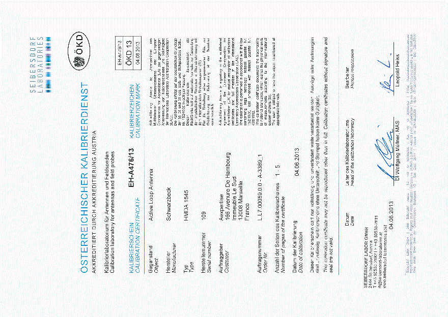 Certificats d'étalonnage de la boucle active et de l'antenne