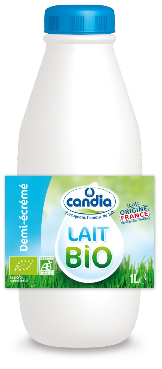 client : CANDIA produits : lait BIO demi-écrémé en bouteille de 1 L détail : proposition des étiquettes pour le lait BIO demi-écrémé en respectant la charte graphique de CANDIA avec la bannière bleue