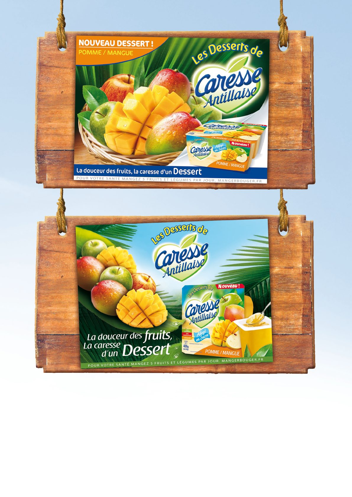 client : Antilles Glaces produits : Caresse Antillaise, compote de fruits «Pomme/ Mangue» détail : proposition d une affiche publicitaire pour remplacer l ancienne et proposition d une