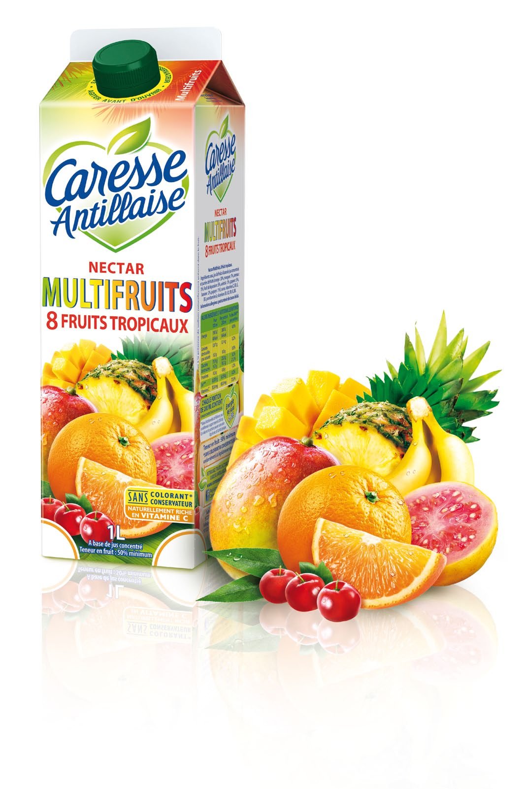 client : Antilles Glaces produits : Caresse Antillaise, jus de fruits «Multifruits» détail : relooking de l ancien emballage du jus de