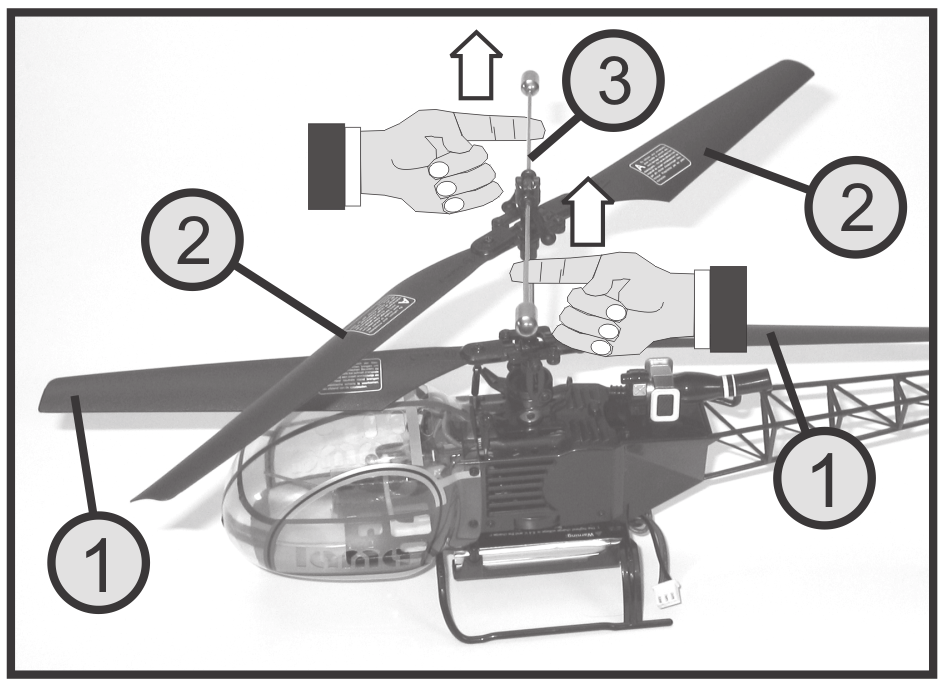 e) Zwaartepunt van het model controleren Lijn de onderste rotorbladen (1) in vliegrichting (modellengteas) naar voren en naar achteren uit.