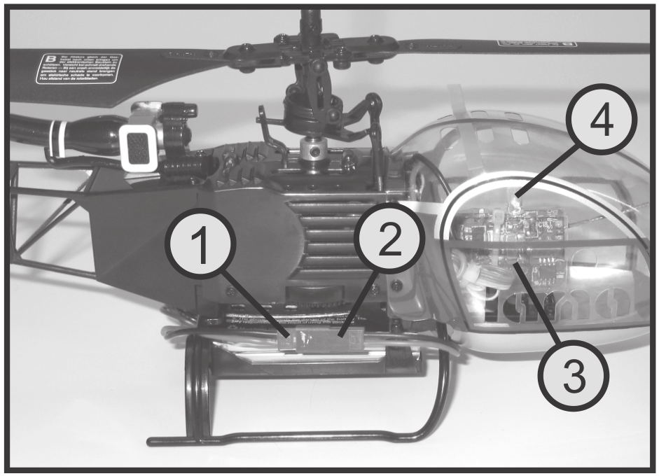 De bovenste rotorbladen (2) worden eveneens in een hoek van 180 ten opzichte van elkaar uitgelijnd en dusdanig gedraaid, dat de centrifugaalstangen (3) ten opzichte van de vliegrichting in een hoek