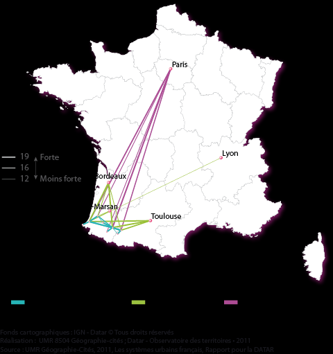 Les relations interrégionales et nationales du système interurbain de Pau-Bayonne dont font partie les aires urbaines de Tarbes et de Lourdes L insertion du système urbain de Pau- Bayonne à l échelle