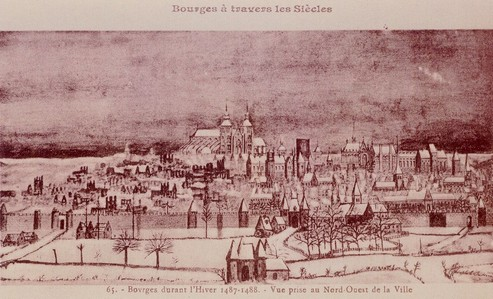 Bourges, durant l'hiver 1487-1488 ~ Vue prise au nord-ouest de la ville Le grand incendie de Bourges Après le terrible incendie du 22 juillet 1487, la ville de Bourges fut tout l hiver dans un