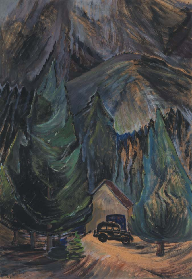 EMILY CARR Forest Interior with Car and Cottage oil on paper on board, circa