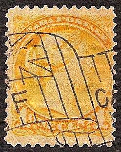 13 : Fragments de l oblitération «drapeau» Bickerdike sur timbre n 28 (1 c. jaune).