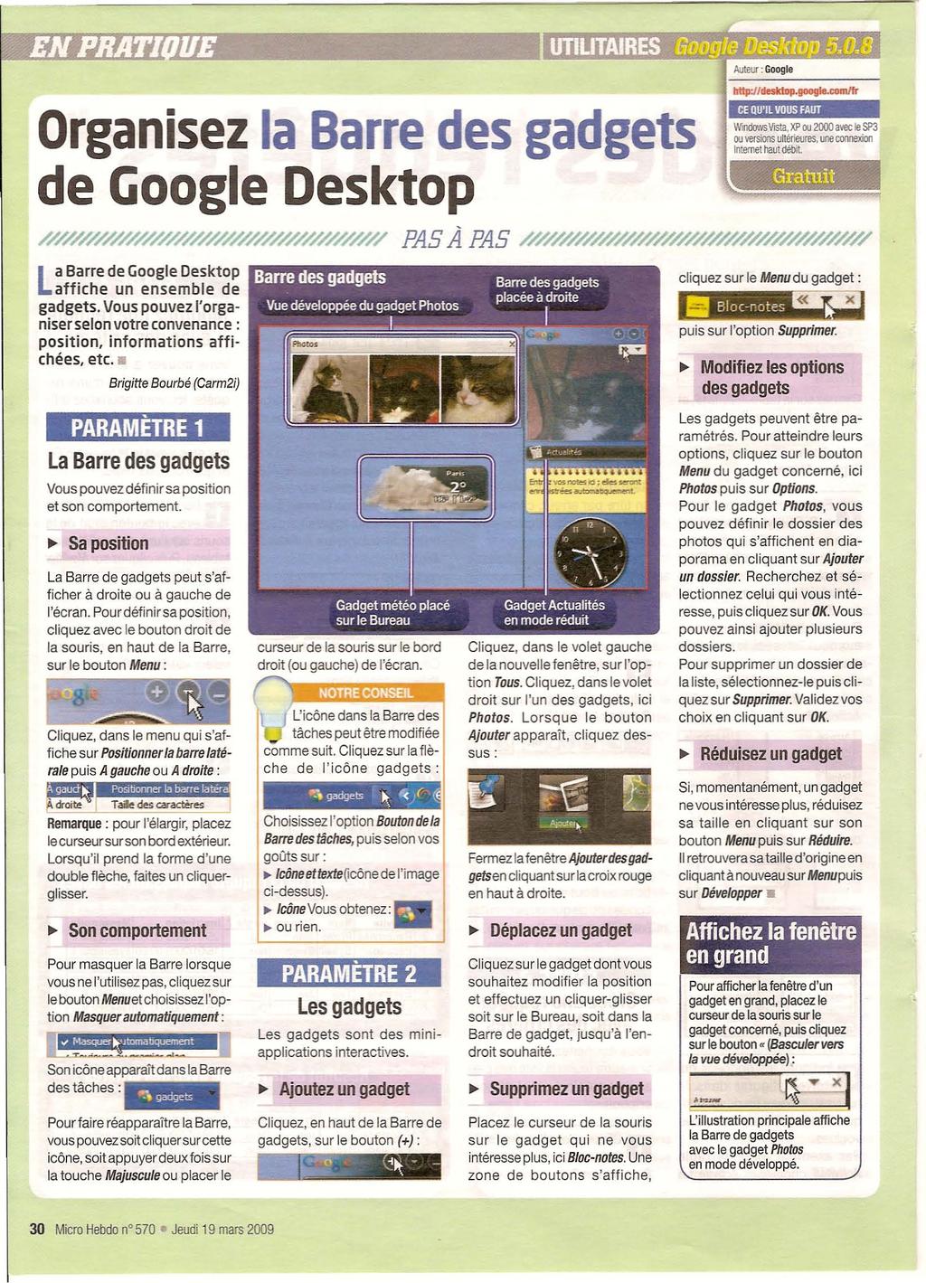 " 'EN PRAT14 UE 1 1, 1 :-.,, 1 : Organisez la Barre des gadgets de Cioogle Desktop Auteur: Google http://desktop.google.