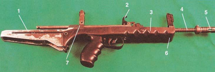 1. Boîte de culasse 2. Mécanisme d'armement 3. Fût 4. Canon 5. Manchon cache-flamme 6. Support de guidon 7. Porte œilleton 111.