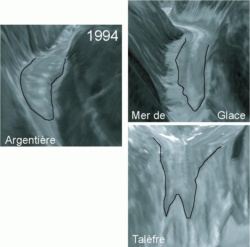 Amincissement des glaciers du Mt Blanc CNES 2007 ; Distribution Spot Image Mer de Glace 1979-94 : 1 m/a 1994-2000 : 2.