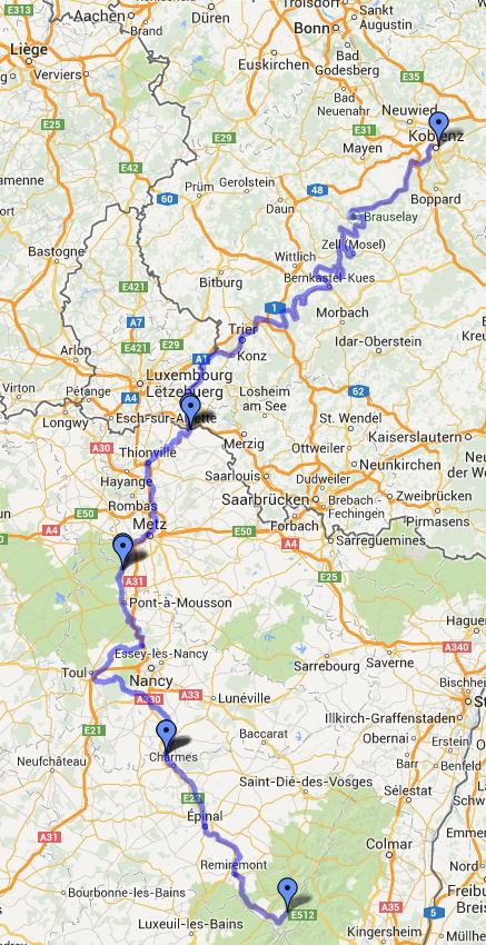 mon parcours de Koblenz à Bussang le «Moselle» Radweg 530 kms La Moselle prend sa source dans le massif des Vosges à Bussang et se jette dans le Rhin à Koblenz, en Allemagne, au Deutsches Eck.