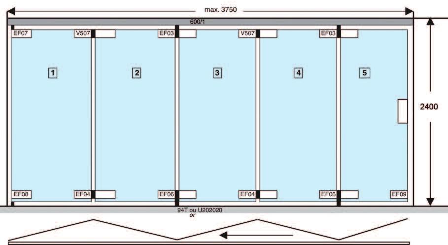 Easyfold 5 volumes - 5 panels Systèmes pour portes repliables Folding door systems Accessoires nécessaires / References needed : 600/1 L =