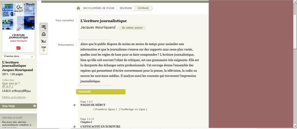 Exemple : fiche descriptive du titre «L écriture journalistique» (QSJ) Cliquer sur Feuilletage en ligne