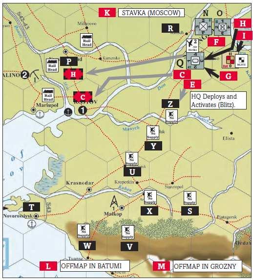 2 ème quinzaine d Août 42 (tour des Soviétiques) Phase de commandement Le joueur active le QG à Stalingrad E1 (unité I) et le déploie d un hex vers Kotelnikovo E1. Il place un marqueur Blitz dessus.