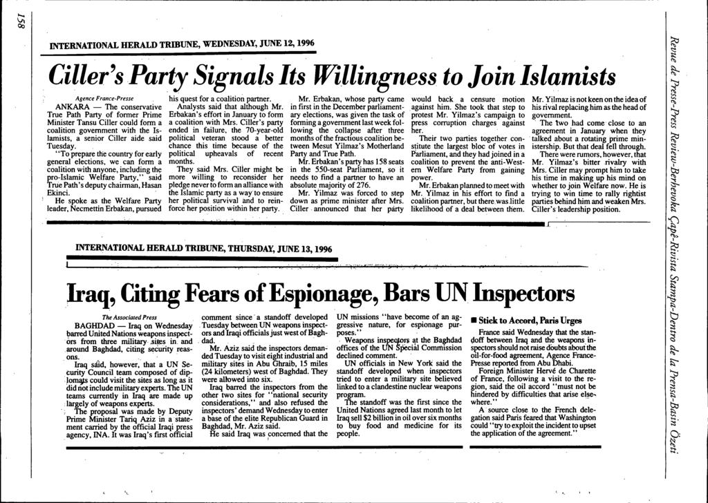 J. " '. <.., \ '-i... \ "0 "S... /::::. ts.-;. l'\) \ <..,... a:... INTERNATIONAL HERALD TRIBUNE, WEDNESDAY, JUNE 12, 1996 Cilier'sParty Signals Its Willingness to Join lslamists Agence France.