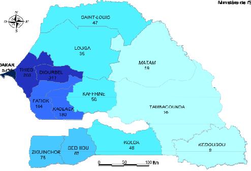 Carte: Densité de la population du Sénégal selon la région en