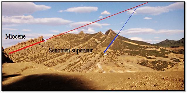 Fig. 47: Photo panoramique montrant la discordance angulaire du Miocène sur les formations du Sénonien supérieur (région
