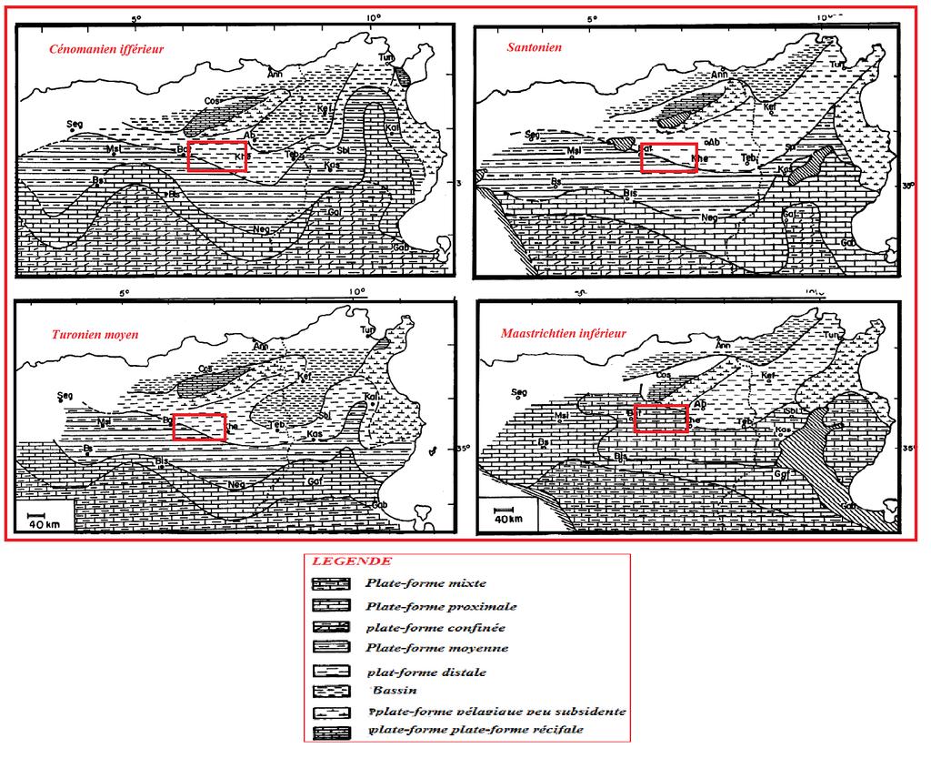 Fig. 88 : Esquisses paléogéographiques du Maghreb oriental, d après Herkat, 1991. (Modifiées par Bouziane, 2015).