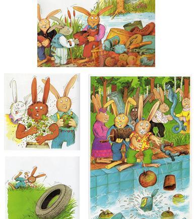 Texte 10 Hop!... Hop!... Hop!... De lapin en lapin, les objets voyagent de l eau de la rivière à l eau de la piscine bleue. De temps en temps, une pomme pourrie éclate.