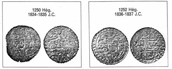 Fig.1-photo n 1 (grossissementx3) «mohammadiya» : droit et reversdes deux pièces classées par m.a.djilali en 1250=1834-1835. ضرب Au droit : frappéà tagdempt في تاقدمت Fig.
