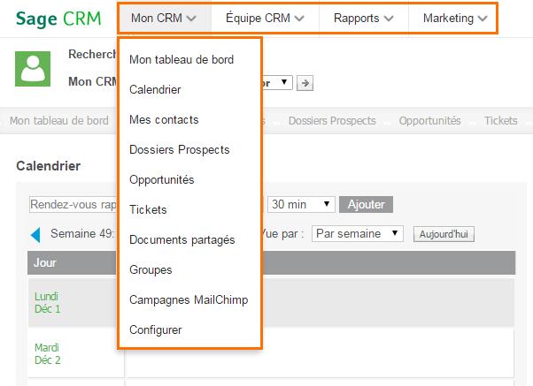 Menu principal Utilisez les options du menu principal pour accéder aux zones fréquemment utilisées de Sage CRM.