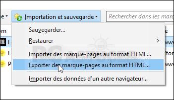 Cliquez sur le bouton Importation et sauvegarde puis cliquez sur Exporter des marquepages au format HTML.