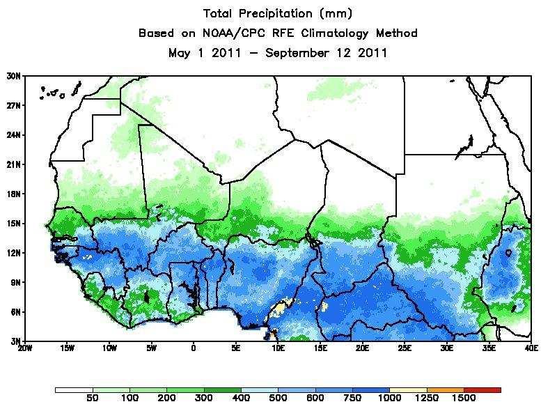 Les cumuls pluviométriques saisonniers au 12 septembre 2011 ont atteint les 750 à 1000 mm dans le sud-est du Sénégal, dans les régions de Sikasso, le sud des régions de Kayes, Koulikoro et Sikasso au