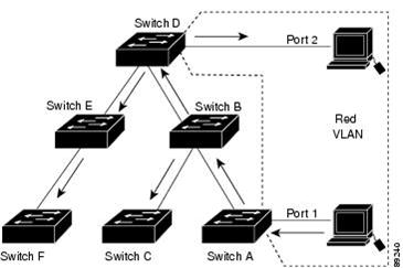 Cette figure montre un réseau commuté sans élagage VTP activé. Le port 1 sur le commutateur A et le port 2 sur le commutateur D sont assignés au VLAN rouge.